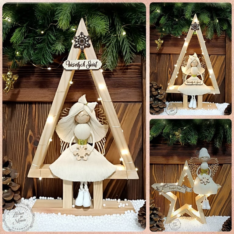 Wooden A-frame Christmas shelf display with angel figurines, evergreen garland, and white decorative elements