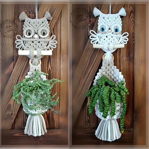 Two decorative white owl wall hangings with trailing ivy plants mounted on wooden backgrounds